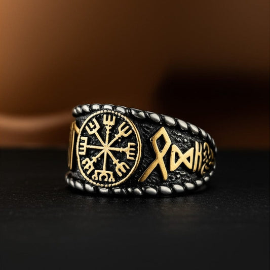 Royal Series - VEGVISIR VALOR RING - Pure Stainless Steel Men’s Steel-Gold-Plated Ring – Statement Luxury Jewelry (Size : 19-22-25-27) - THE MEN THING