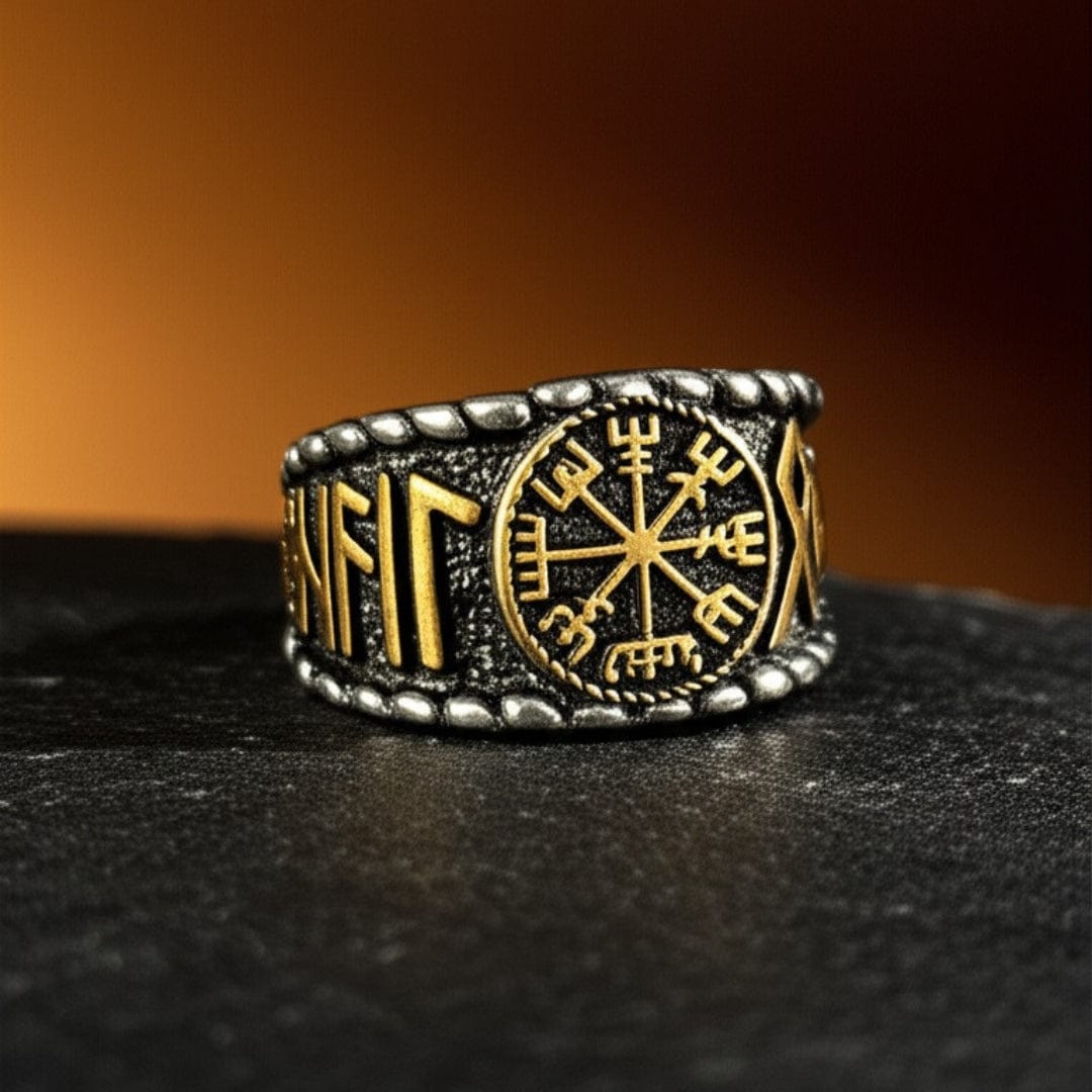 Royal Series - VEGVISIR VALOR RING - Pure Stainless Steel Men’s Steel-Gold-Plated Ring – Statement Luxury Jewelry (Size : 19-22-25-27) - THE MEN THING