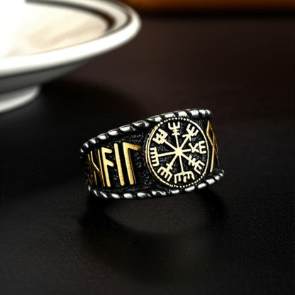 Royal Series - VEGVISIR VALOR RING - Pure Stainless Steel Men’s Steel-Gold-Plated Ring – Statement Luxury Jewelry (Size : 19-22-25-27) - THE MEN THING