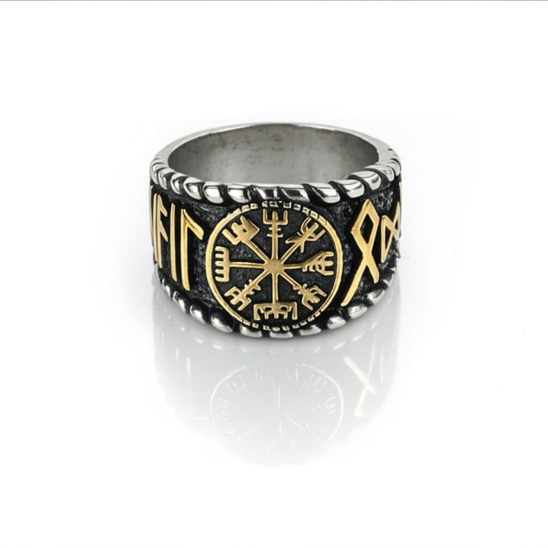 Royal Series - VEGVISIR VALOR RING - Pure Stainless Steel Men’s Steel-Gold-Plated Ring – Statement Luxury Jewelry (Size : 19-22-25-27) - THE MEN THING