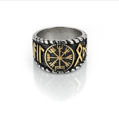 Royal Series - VEGVISIR VALOR RING - Pure Stainless Steel Men’s Steel-Gold-Plated Ring – Statement Luxury Jewelry (Size : 19-22-25-27) - THE MEN THING