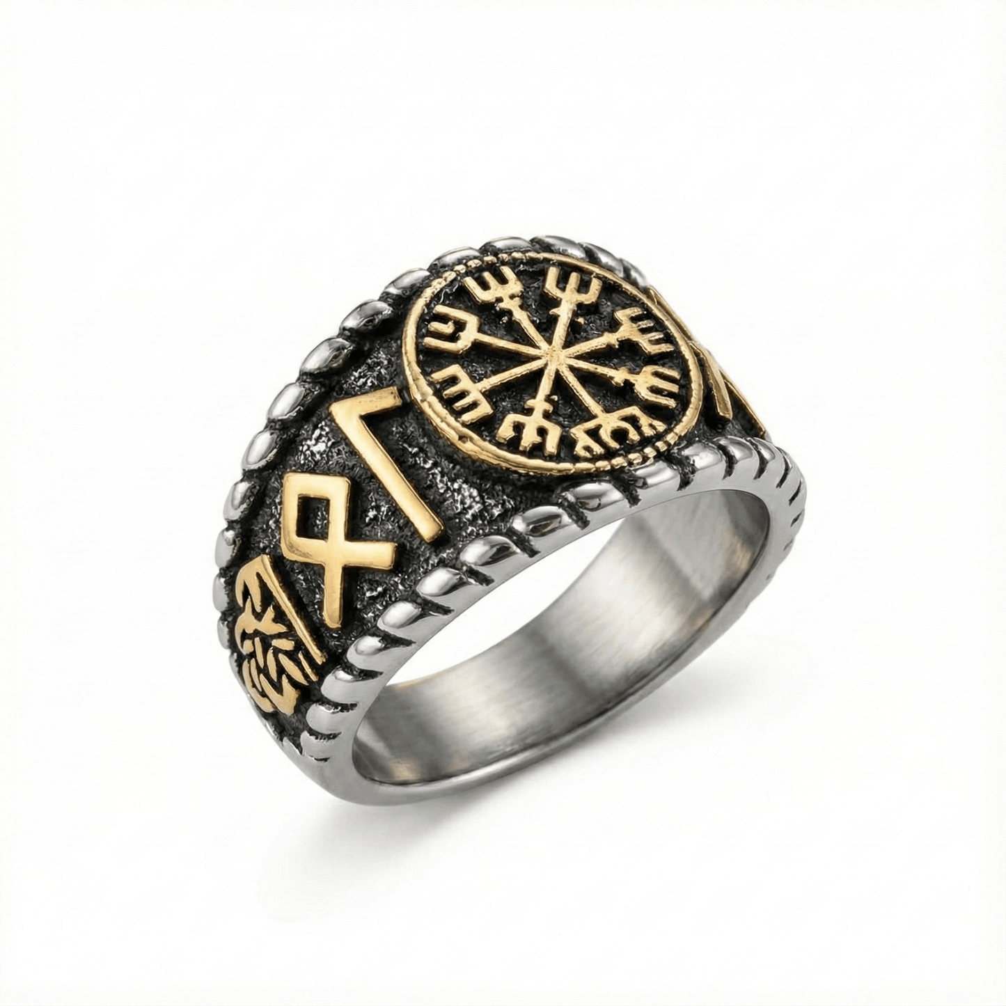 Royal Series - VEGVISIR VALOR RING - Pure Stainless Steel Men’s Steel-Gold-Plated Ring – Statement Luxury Jewelry (Size : 19-22-25-27) - THE MEN THING