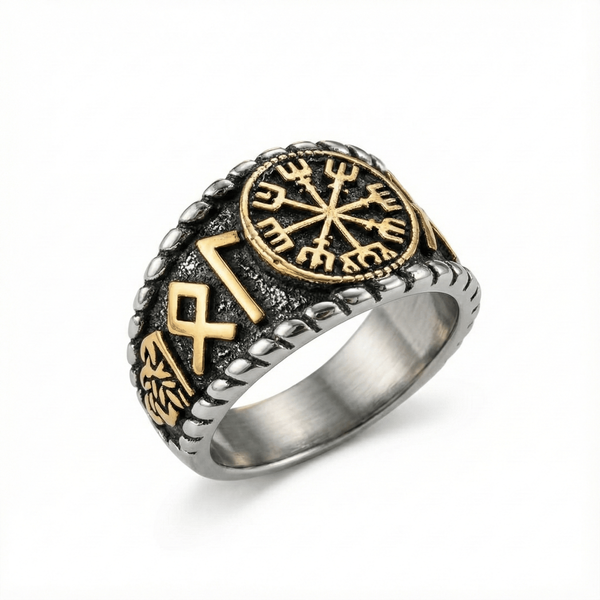 Royal Series - VEGVISIR VALOR RING - Pure Stainless Steel Men’s Steel-Gold-Plated Ring – Statement Luxury Jewelry (Size : 19-22-25-27) - THE MEN THING