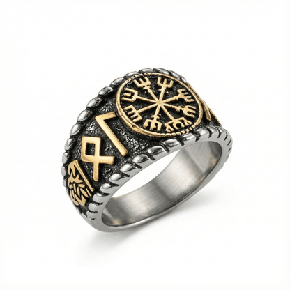 Royal Series - VEGVISIR VALOR RING - Pure Stainless Steel Men’s Steel-Gold-Plated Ring – Statement Luxury Jewelry (Size : 19-22-25-27) - THE MEN THING