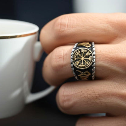 Royal Series - VEGVISIR VALOR RING - Pure Stainless Steel Men’s Steel-Gold-Plated Ring – Statement Luxury Jewelry (Size : 19-22-25-27) - THE MEN THING