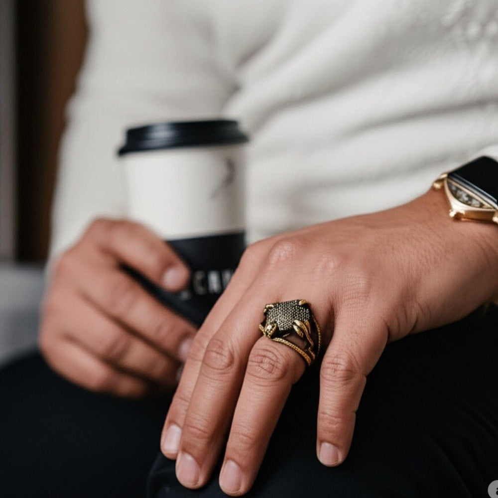 Royal Series - VIPER GRID RING - Pure Stainless Steel Men’s Gold-Plated Ring – Statement Luxury Jewelry (Size : -20-22) - THE MEN THING