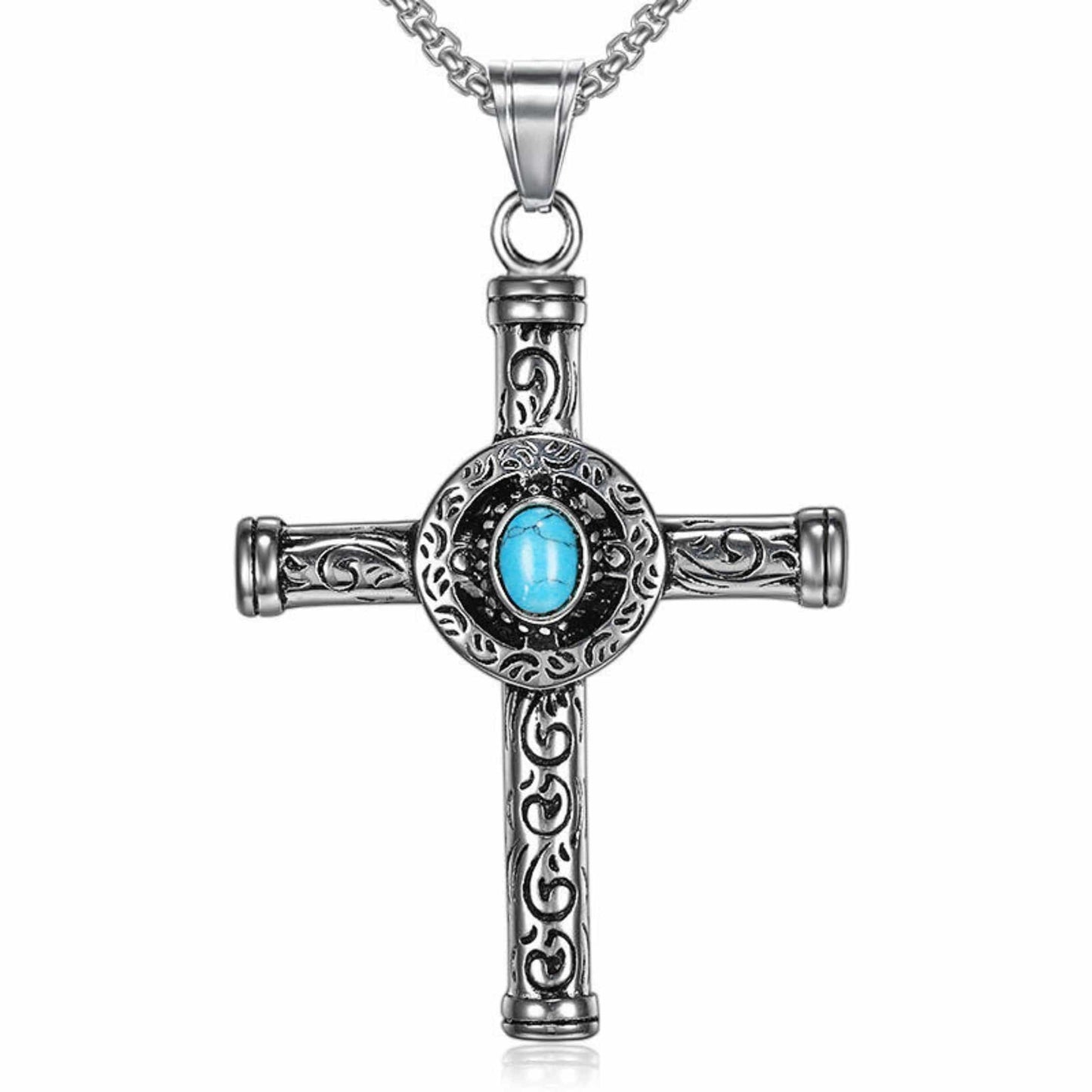 SANCTUS TURQUOISE CROSS - 48mm Pure Titanium Steel Pendant with 28inch Round Box 4mm Chain for Men & Boys — SS Pendant/ Necklace for Men | THE MEN THING