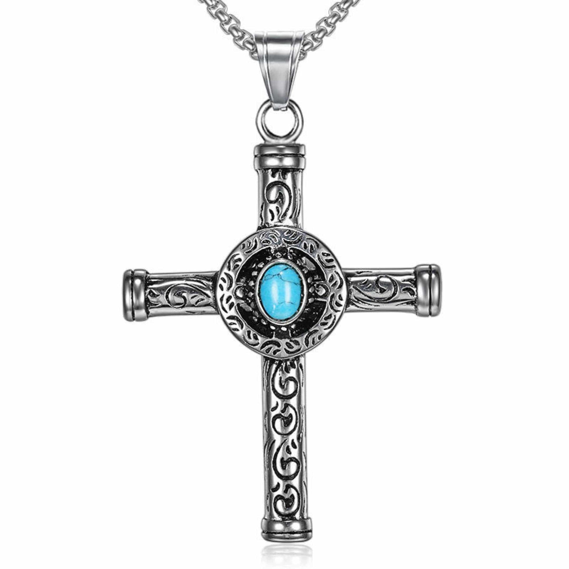 SANCTUS TURQUOISE CROSS - 48mm Pure Titanium Steel Pendant with 28inch Round Box 4mm Chain for Men & Boys — SS Pendant/ Necklace for Men | THE MEN THING