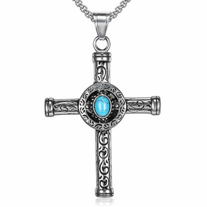 SANCTUS TURQUOISE CROSS - 48mm Pure Titanium Steel Pendant with 28inch Round Box 4mm Chain for Men & Boys — SS Pendant/ Necklace for Men | THE MEN THING