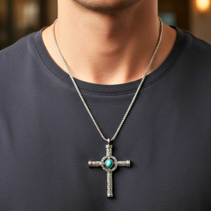 SANCTUS TURQUOISE CROSS - 48mm Pure Titanium Steel Pendant with 28inch Round Box 4mm Chain for Men & Boys — SS Pendant/ Necklace for Men | THE MEN THING