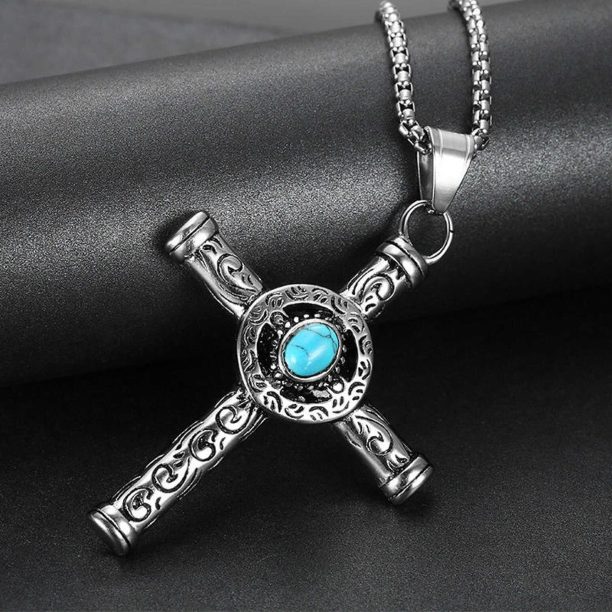 SANCTUS TURQUOISE CROSS - 48mm Pure Titanium Steel Pendant with 28inch Round Box 4mm Chain for Men & Boys — SS Pendant/ Necklace for Men | THE MEN THING