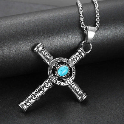 SANCTUS TURQUOISE CROSS - 48mm Pure Titanium Steel Pendant with 28inch Round Box 4mm Chain for Men & Boys — SS Pendant/ Necklace for Men | THE MEN THING