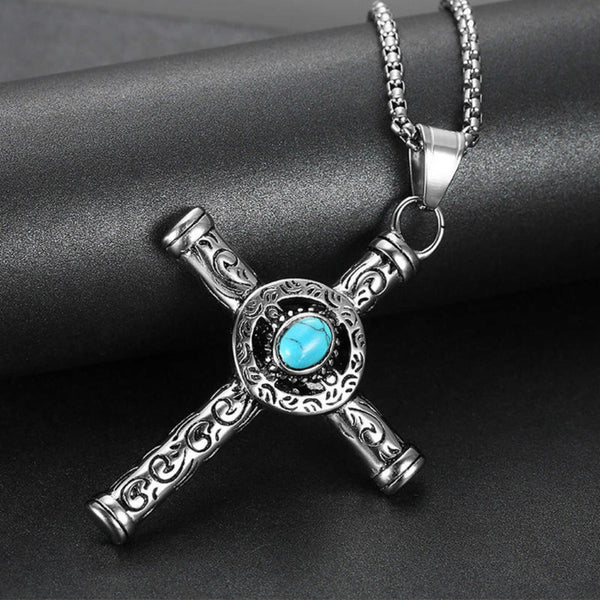SANCTUS TURQUOISE CROSS - 48mm Pure Titanium Steel Pendant with 28inch Round Box 4mm Chain for Men & Boys