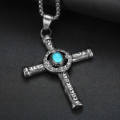 SANCTUS TURQUOISE CROSS - 48mm Pure Titanium Steel Pendant with 28inch Round Box 4mm Chain for Men & Boys — SS Pendant/ Necklace for Men | THE MEN THING