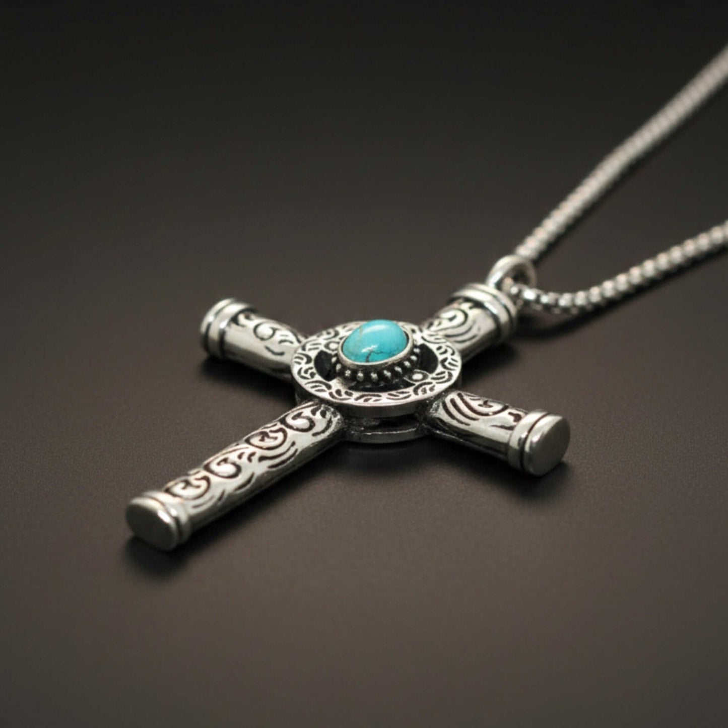 SANCTUS TURQUOISE CROSS - 48mm Pure Titanium Steel Pendant with 28inch Round Box 4mm Chain for Men & Boys — SS Pendant/ Necklace for Men | THE MEN THING
