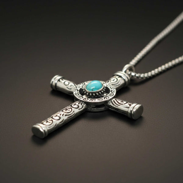 SANCTUS TURQUOISE CROSS - 48mm Pure Titanium Steel Pendant with 28inch Round Box 4mm Chain for Men & Boys