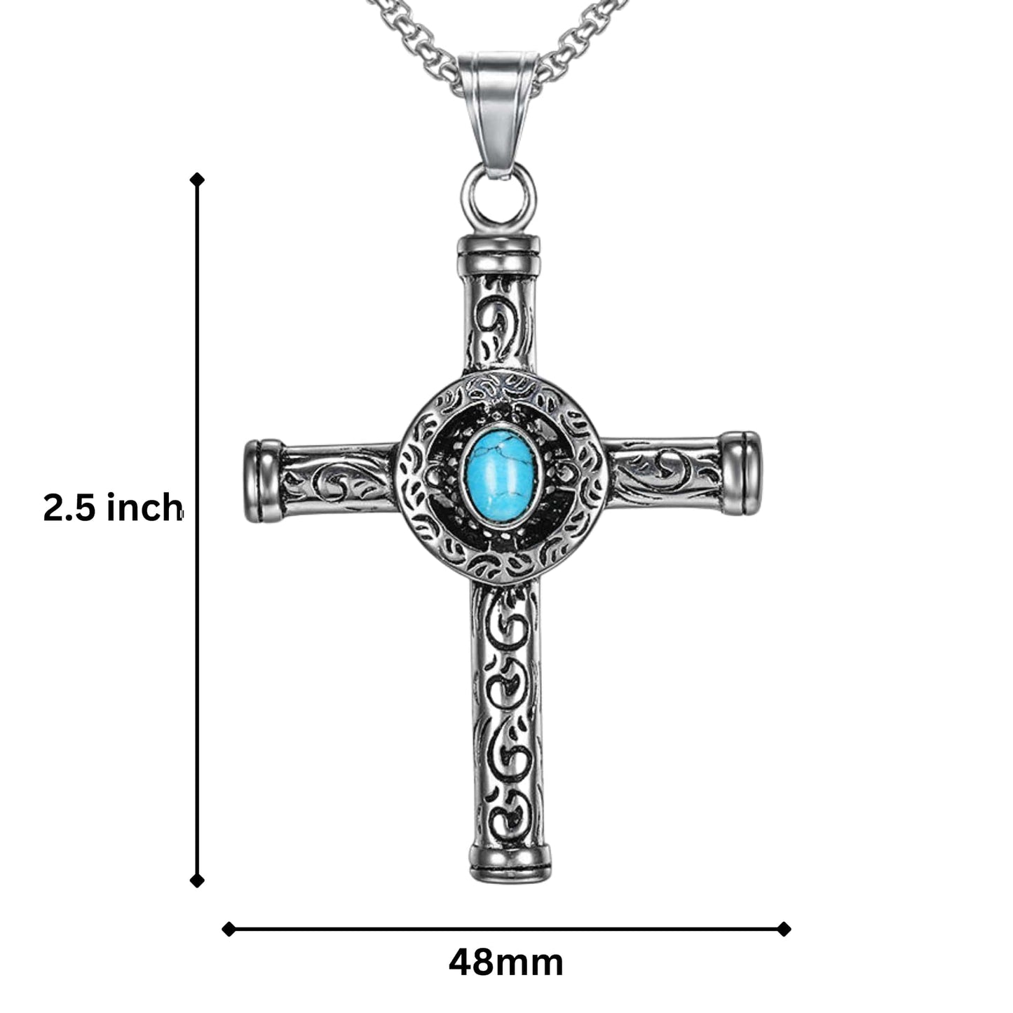 SANCTUS TURQUOISE CROSS - 48mm Pure Titanium Steel Pendant with 28inch Round Box 4mm Chain for Men & Boys — SS Pendant/ Necklace for Men | THE MEN THING
