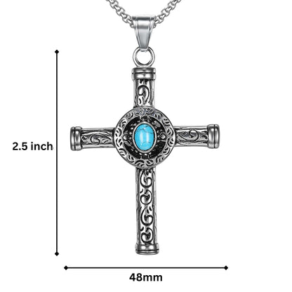 SANCTUS TURQUOISE CROSS - 48mm Pure Titanium Steel Pendant with 28inch Round Box 4mm Chain for Men & Boys — SS Pendant/ Necklace for Men | THE MEN THING