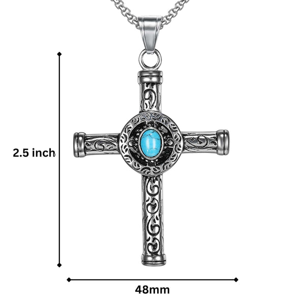 SANCTUS TURQUOISE CROSS - 48mm Pure Titanium Steel Pendant with 28inch Round Box 4mm Chain for Men & Boys