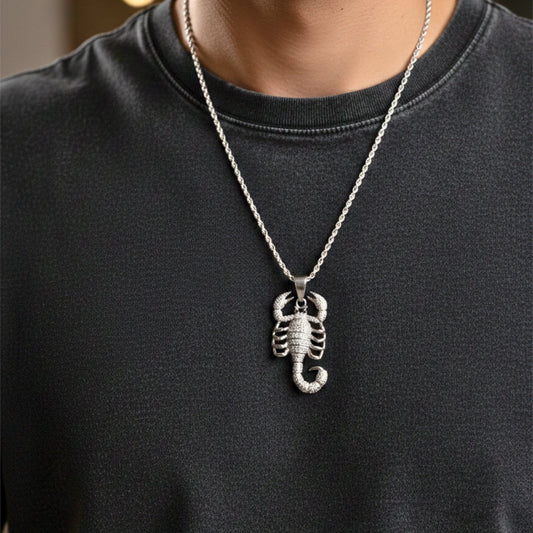 SCORPION KING - STEEL - 30mm Pure Titanium Steel Pendant with 24inch Twisted Chain for Men & Boys - THE MEN THING
