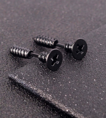 SCREWHEAD - BLACK - Pure Titanium Steel Ear Hoop Earrings for Men & Boys (2 Pcs) - THE MEN THING