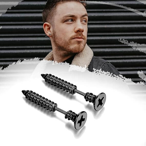 SCREWHEAD - BLACK - Pure Titanium Steel Ear Hoop Earrings for Men & Boys (2 Pcs) - THE MEN THING