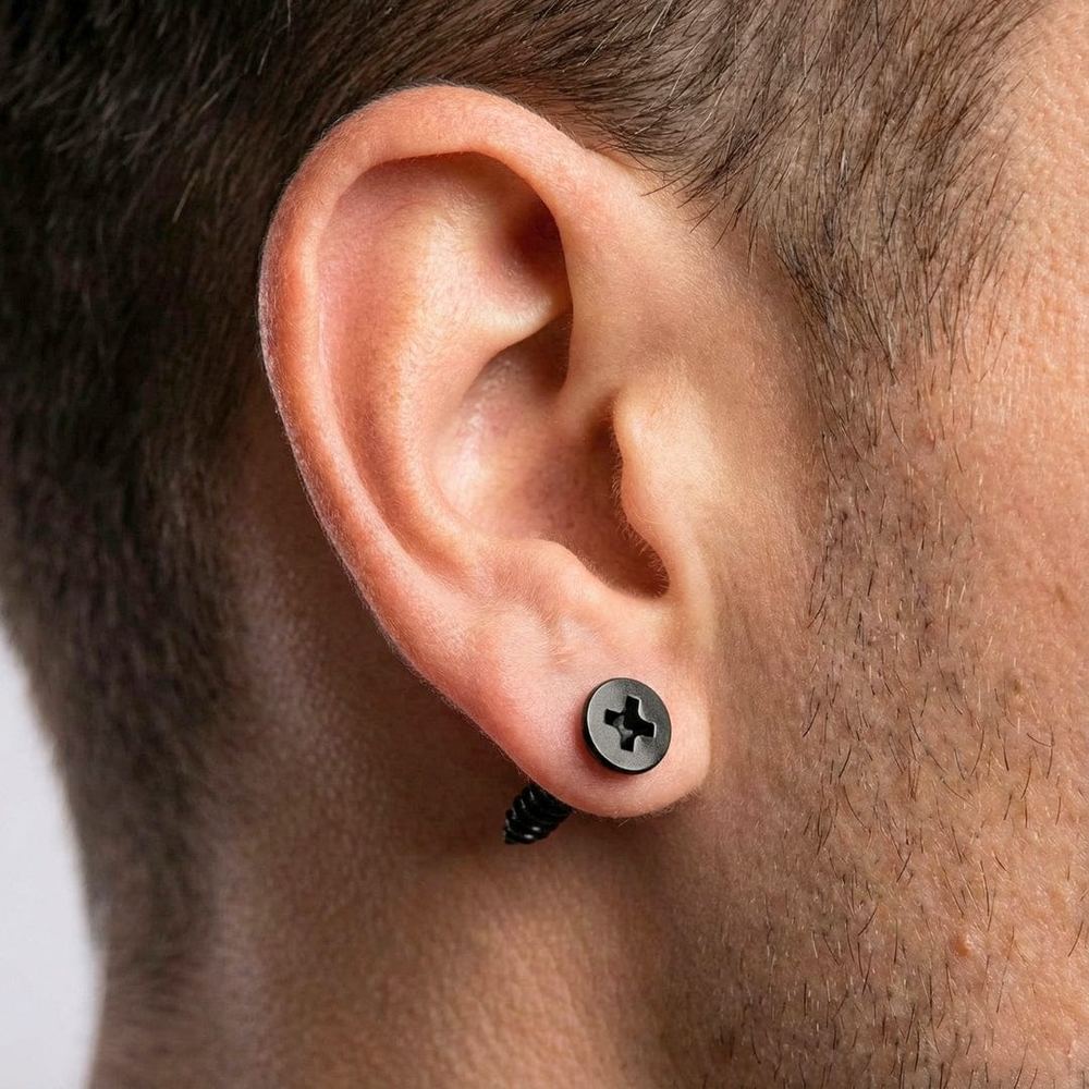 SCREWHEAD - BLACK - Pure Titanium Steel Ear Hoop Earrings for Men & Boys (2 Pcs) - THE MEN THING