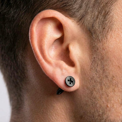 SCREWHEAD - BLACK - Pure Titanium Steel Ear Hoop Earrings for Men & Boys (2 Pcs) - THE MEN THING