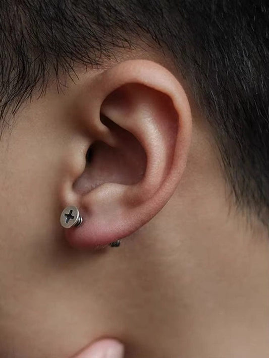 SCREWHEAD - SILVER - Pure Titanium Steel Ear Hoop Earrings for Men & Boys (2 Pcs) - THE MEN THING