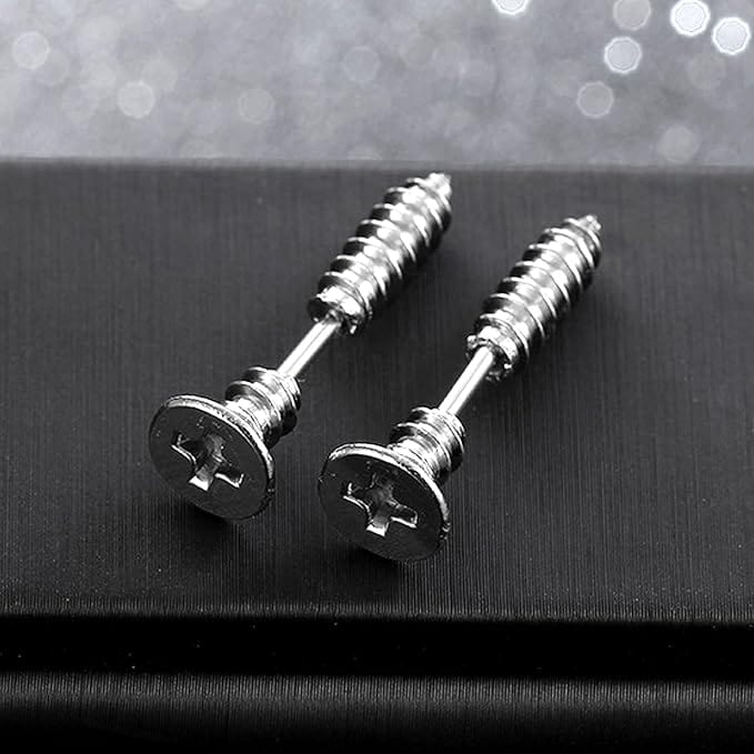 SCREWHEAD - SILVER - Pure Titanium Steel Ear Hoop Earrings for Men & Boys (2 Pcs) - THE MEN THING