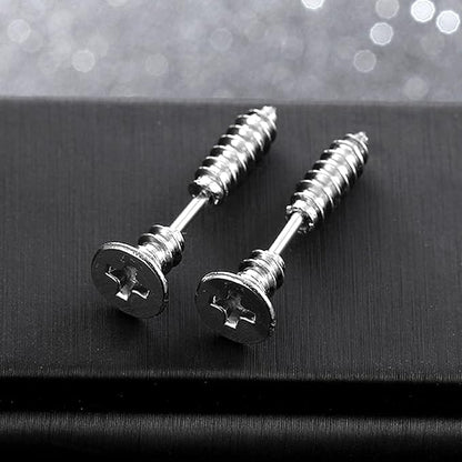 SCREWHEAD - SILVER - Pure Titanium Steel Ear Hoop Earrings for Men & Boys (2 Pcs) - THE MEN THING