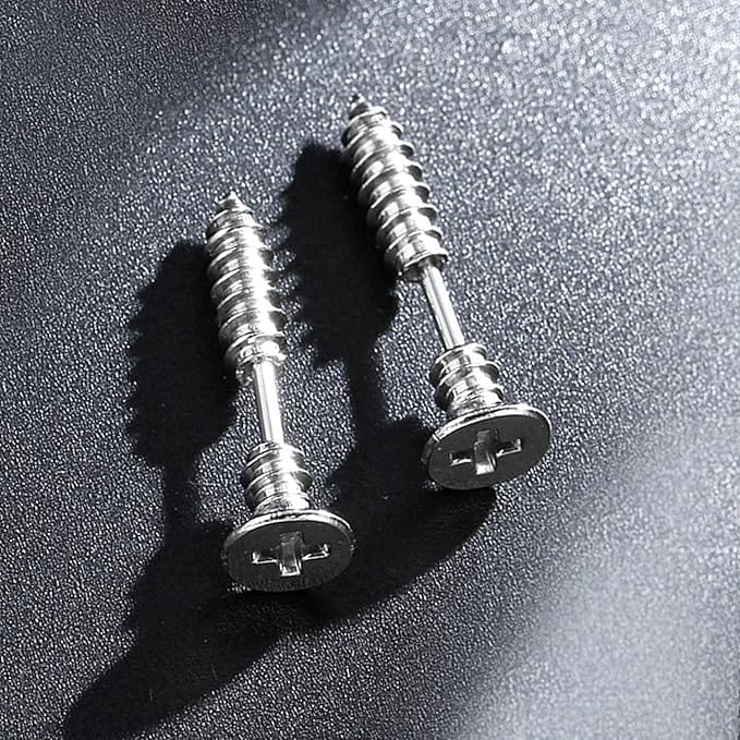SCREWHEAD - SILVER - Pure Titanium Steel Ear Hoop Earrings for Men & Boys (2 Pcs) - THE MEN THING