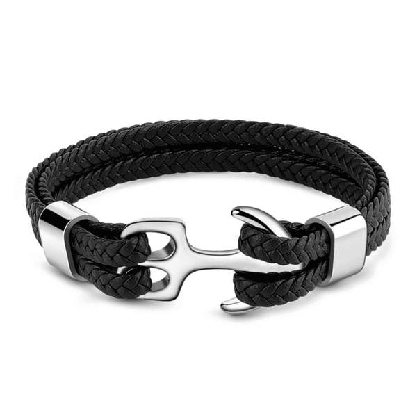 SEAFARER ANCHOR BLACK -  Genuine Leather Double Layer Braided Bracelet with Stainless Steel Anchor Hook for Men & Boys (8 inch)