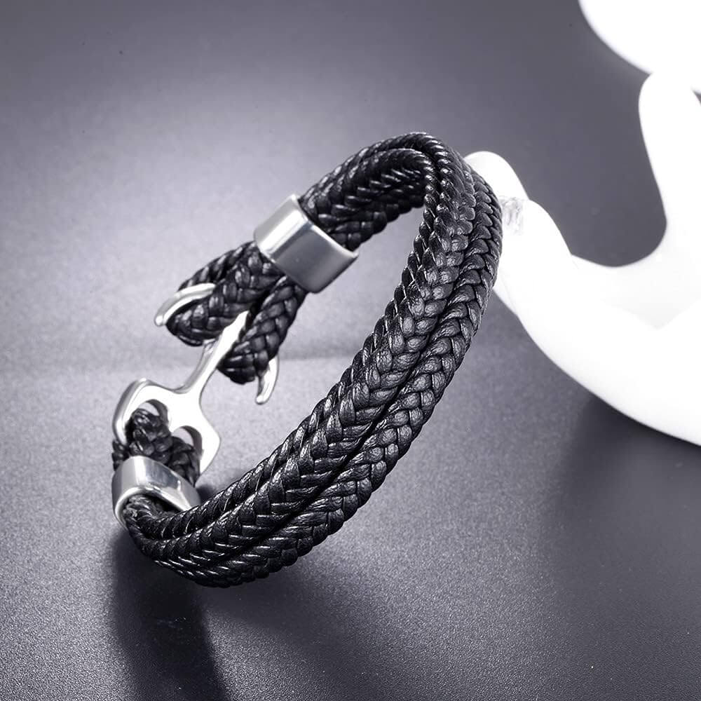 SEAFARER ANCHOR BLACK - -Genuine Leather Double Layer Braided Bracelet with Stainless Steel Anchor Hook for Men & Boys (8 inch) - THE MEN THING