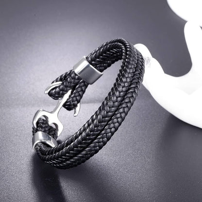 SEAFARER ANCHOR BLACK - -Genuine Leather Double Layer Braided Bracelet with Stainless Steel Anchor Hook for Men & Boys (8 inch) - THE MEN THING