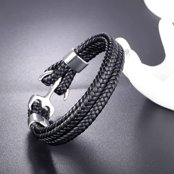 SEAFARER ANCHOR BLACK -  Genuine Leather Double Layer Braided Bracelet with Stainless Steel Anchor Hook for Men & Boys (8 inch)