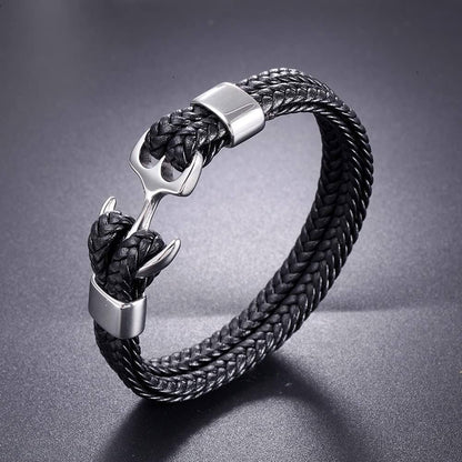 SEAFARER ANCHOR BLACK - -Genuine Leather Double Layer Braided Bracelet with Stainless Steel Anchor Hook for Men & Boys (8 inch) - THE MEN THING