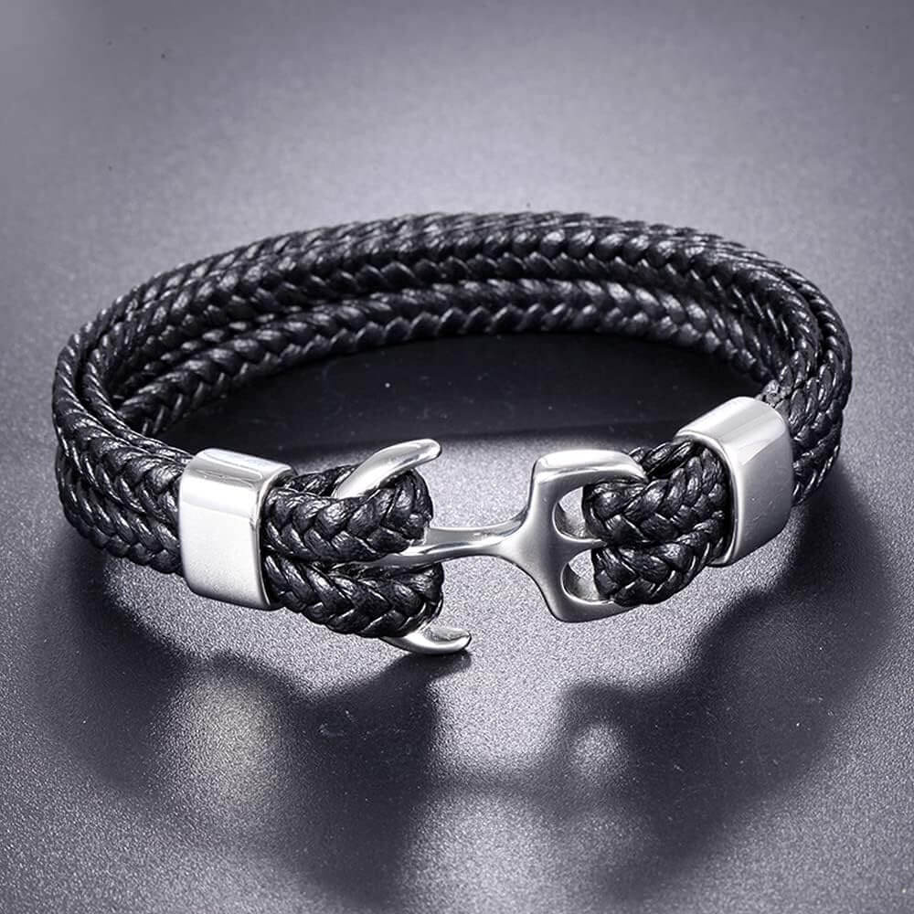 SEAFARER ANCHOR BLACK - -Genuine Leather Double Layer Braided Bracelet with Stainless Steel Anchor Hook for Men & Boys (8 inch) - THE MEN THING