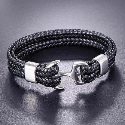 SEAFARER ANCHOR BLACK - -Genuine Leather Double Layer Braided Bracelet with Stainless Steel Anchor Hook for Men & Boys (8 inch) - THE MEN THING