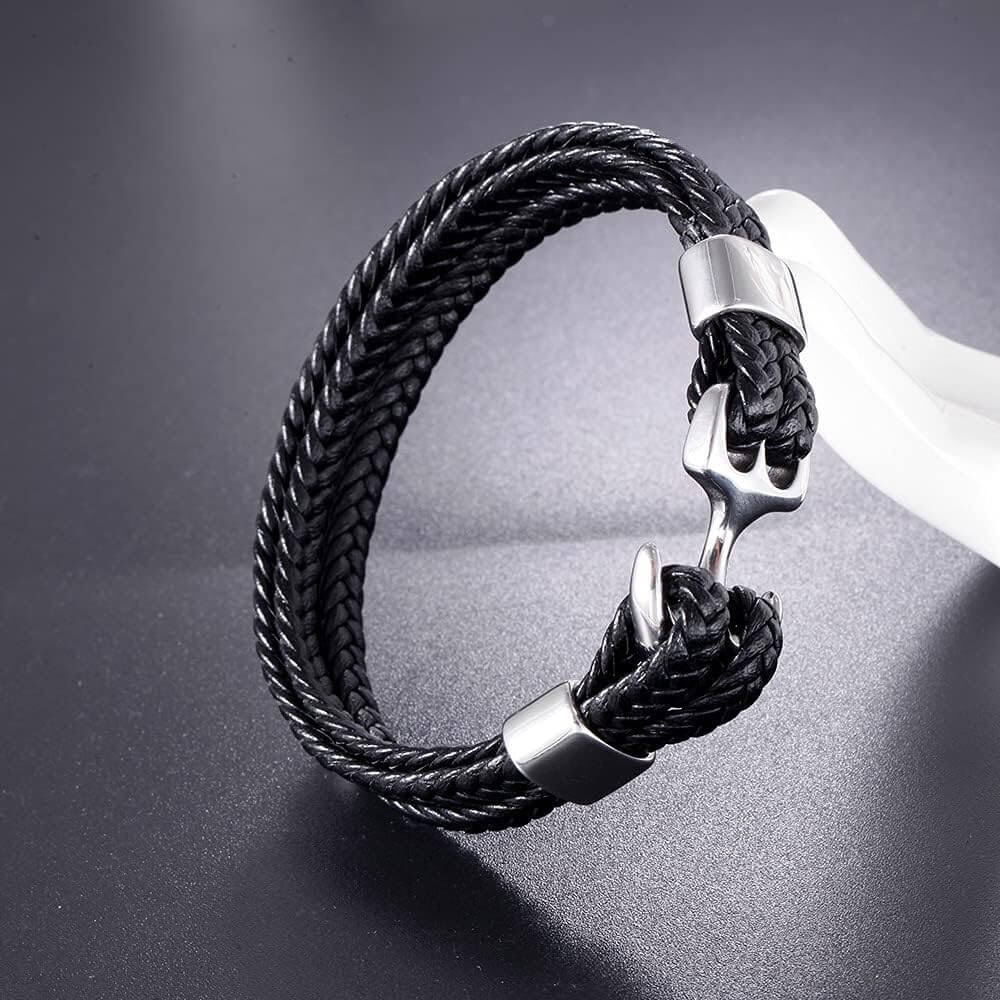 SEAFARER ANCHOR BLACK - -Genuine Leather Double Layer Braided Bracelet with Stainless Steel Anchor Hook for Men & Boys (8 inch) - THE MEN THING