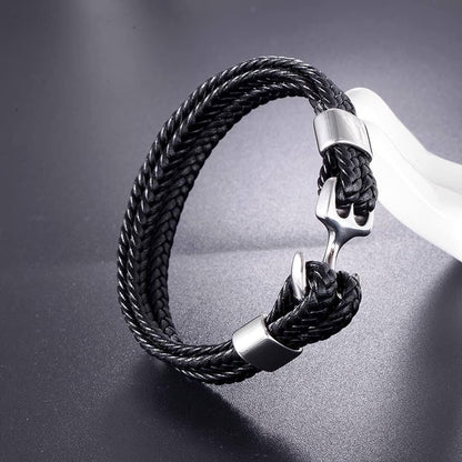 SEAFARER ANCHOR BLACK - -Genuine Leather Double Layer Braided Bracelet with Stainless Steel Anchor Hook for Men & Boys (8 inch) - THE MEN THING