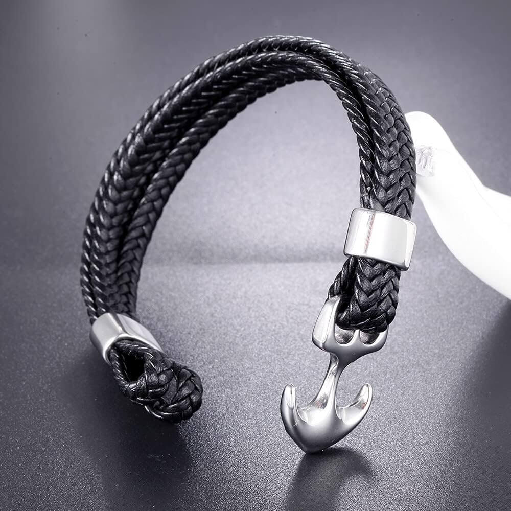 SEAFARER ANCHOR BLACK - -Genuine Leather Double Layer Braided Bracelet with Stainless Steel Anchor Hook for Men & Boys (8 inch) - THE MEN THING