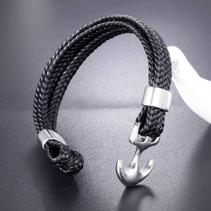 SEAFARER ANCHOR BLACK - -Genuine Leather Double Layer Braided Bracelet with Stainless Steel Anchor Hook for Men & Boys (8 inch) - THE MEN THING