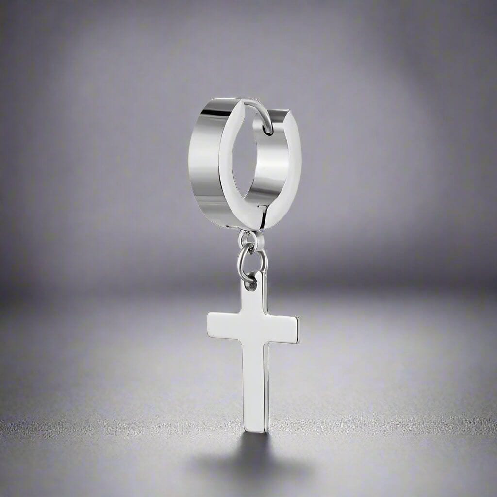 SHADOW CROSS - SILVER - Pure Titanium Steel Ear Hoop Earrings for Men & Boys (2 Pcs) - THE MEN THING