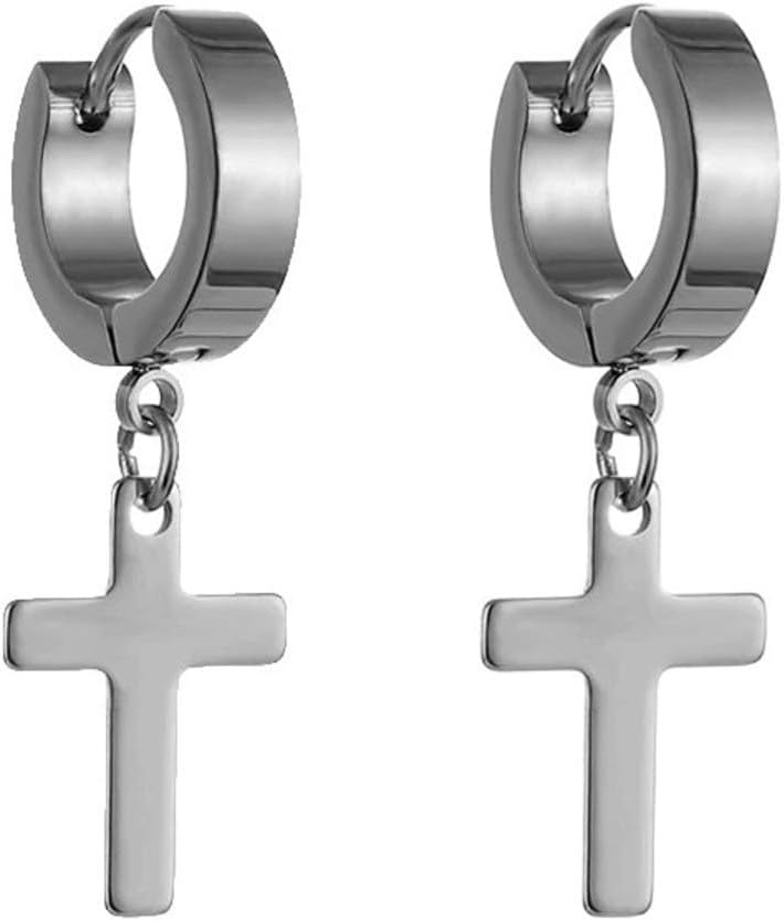 SHADOW CROSS - SILVER - Pure Titanium Steel Ear Hoop Earrings for Men & Boys (2 Pcs) - THE MEN THING