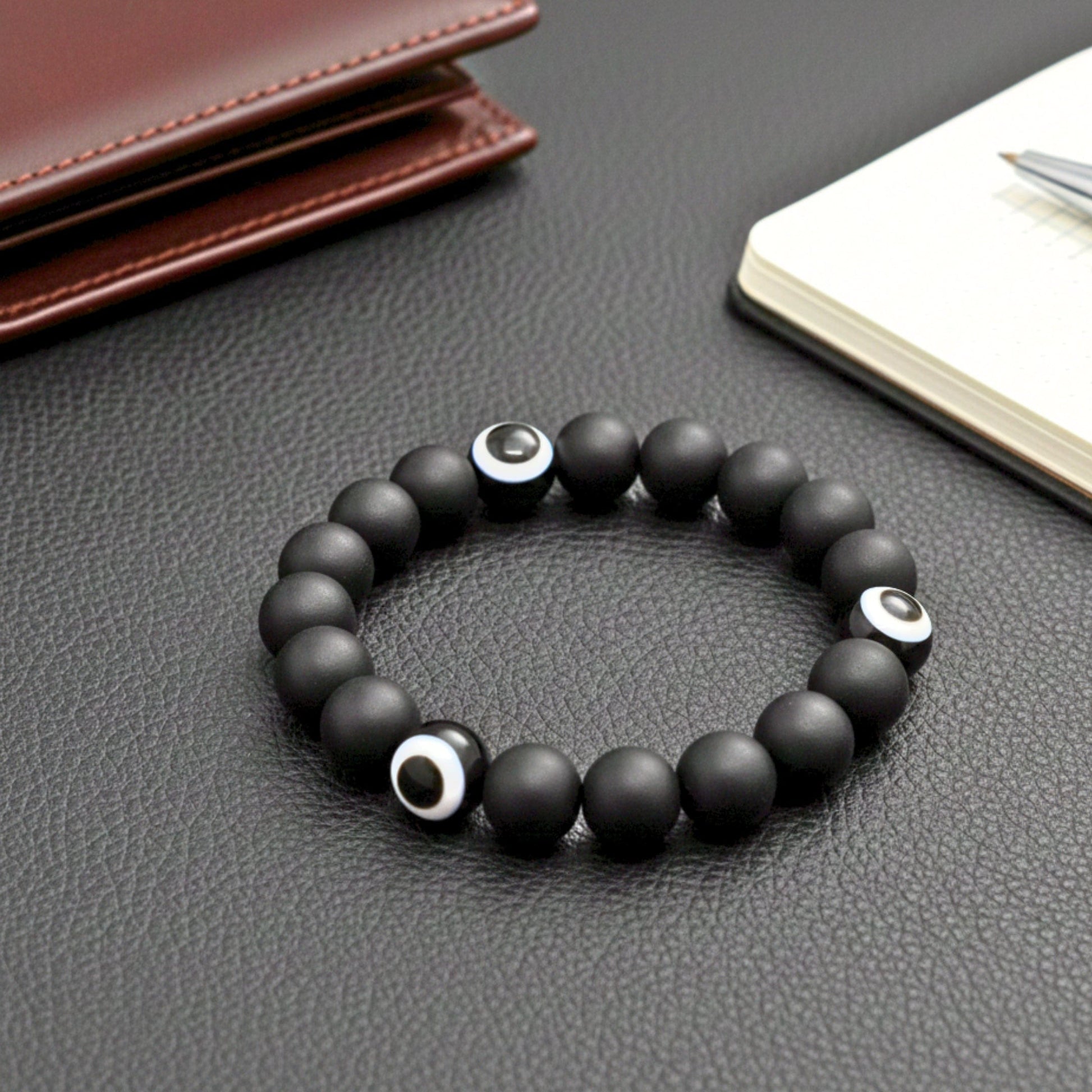 SHADOW EVIL EYE - 12mm Beads Bracelet with Natural Stone - Adjustable Bracelet - THE MEN THING