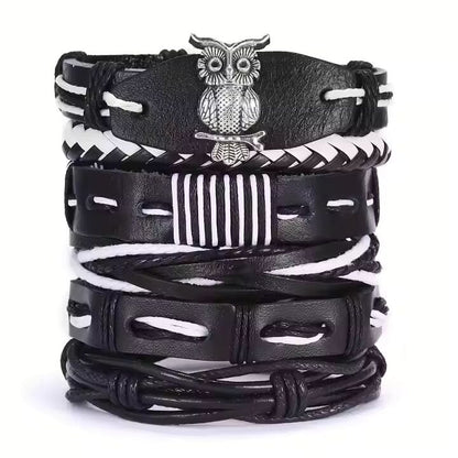 SHADOW OWL CUFF -  6 Pcs Genuine Braided Leather Bracelet Set for Men & Boys (8 inch) - THE MEN THING