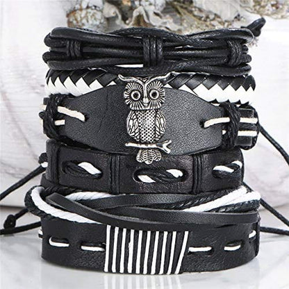 SHADOW OWL CUFF -  6 Pcs Genuine Braided Leather Bracelet Set for Men & Boys (8 inch) - THE MEN THING