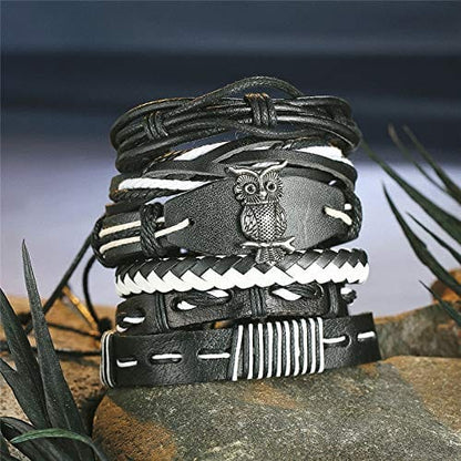 SHADOW OWL CUFF -  6 Pcs Genuine Braided Leather Bracelet Set for Men & Boys (8 inch) - THE MEN THING