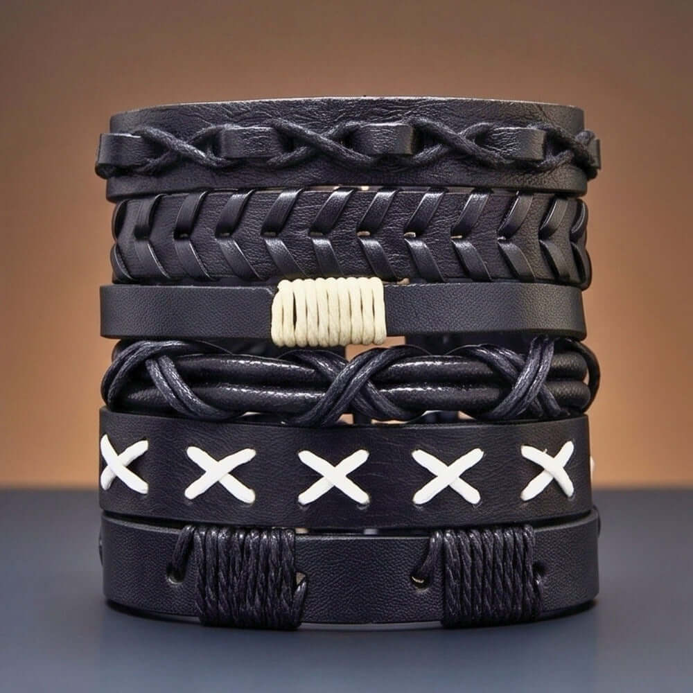 SHADOW STACK - 6 Pcs Genuine Leather Adjustable Bracelet for Men & Boys — Leather Bracelet for Men | THE MEN THING